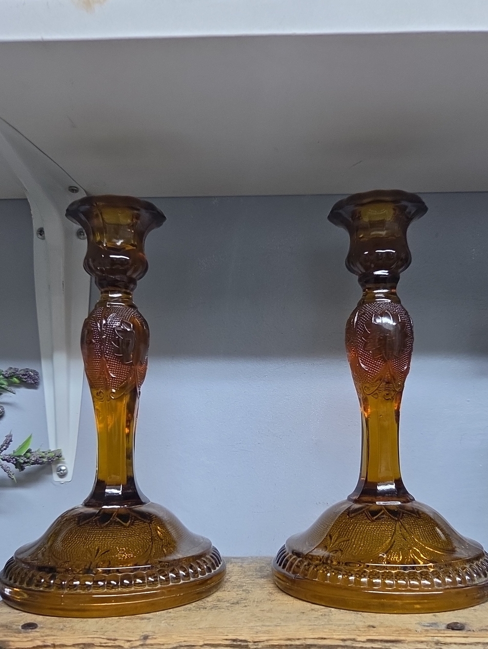 Vintage Tiara Indiana Amber Glass Candlestick Pair - Home Accents